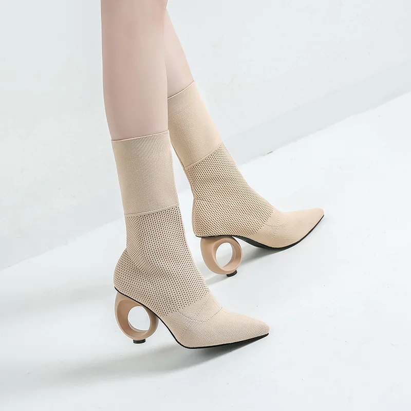 Tanie Jesienne i krótkie buty zimowe, spiczaste buty, wysokie buty, dzianinowe buty, średnia tuba, szpilki damskie