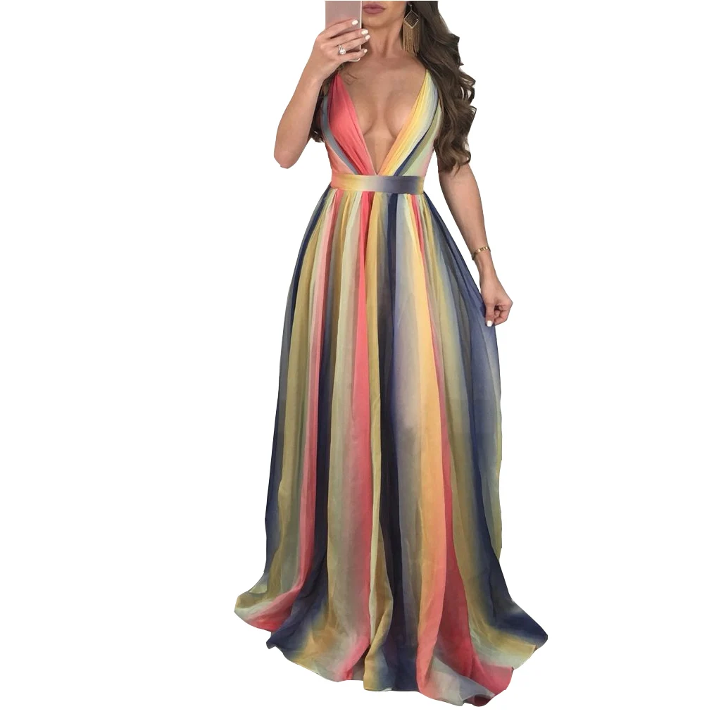 

Sexy V Neck Backless Maxi Dress Spaghetti Strap Summer Beach Holiday Lady Vestidos Women Gradual Rainbow Color Loose Long Dress