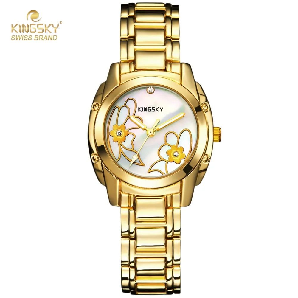 Watch Women KINGSKY Watch Lady Watch Gold Case Flower Dial Alloy Band Analog Silver Band Japan