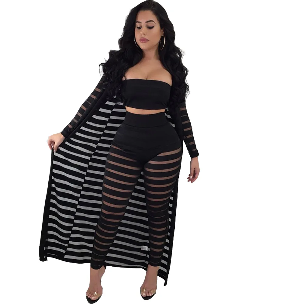 

Adogirl 2018 Sexy Hollow Out Three-piece Set Fashion Women Sets Bra Top + Pans + Cloak Set Striped Mesh 3 Pieces Set Female Suit