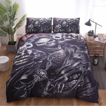 

Bedding Set Queen Size Black 3D Ghost Head De Lit Adulte White Rose Skull King Three-piece Duvet Cover XHS0070