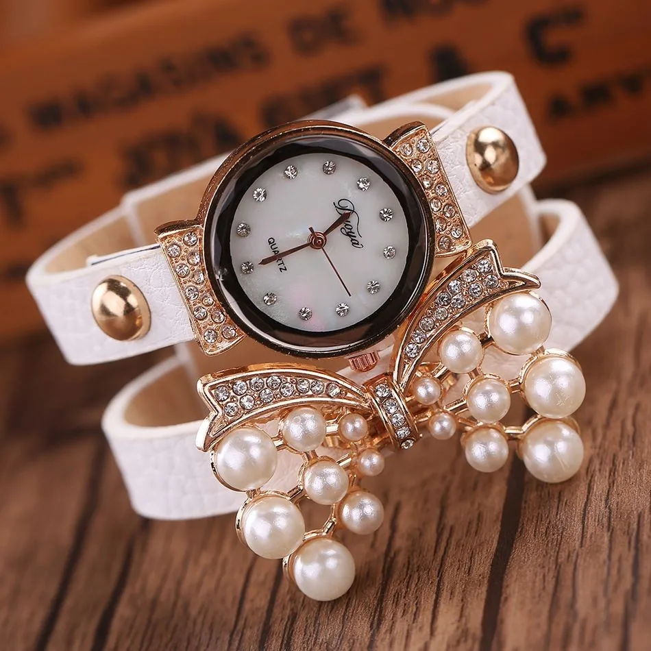 Мода бабочка Дизайн Мода Pearl Браслет Для женщин роскошные женские часы кварцевые часы час relogio feminino