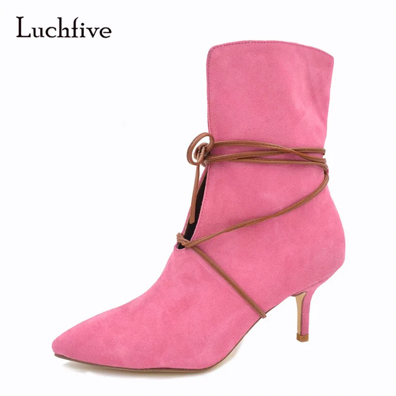 

Luchfive New Sexy Bandage Ankle Boots Pointed Toe V Cut-Out 7cm High Heels Suede Fashion Short Booties For Women