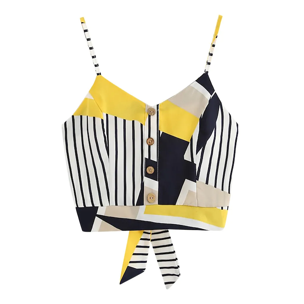 

Crop Top Women Bow Tie Back V Neck Button Splice Stripe Camis Crop Tank Top Camisole Blouse Top Female roupas feminina