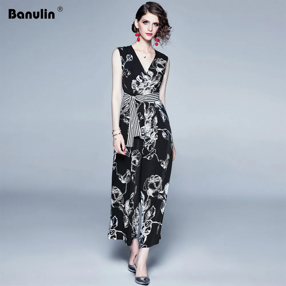 

Banulin Celebrity Runway Jumpsuits For Women 2019 Summer Sexy Black Bow Romper Long Jumpsuit V-neck Wide Leng Playsuit