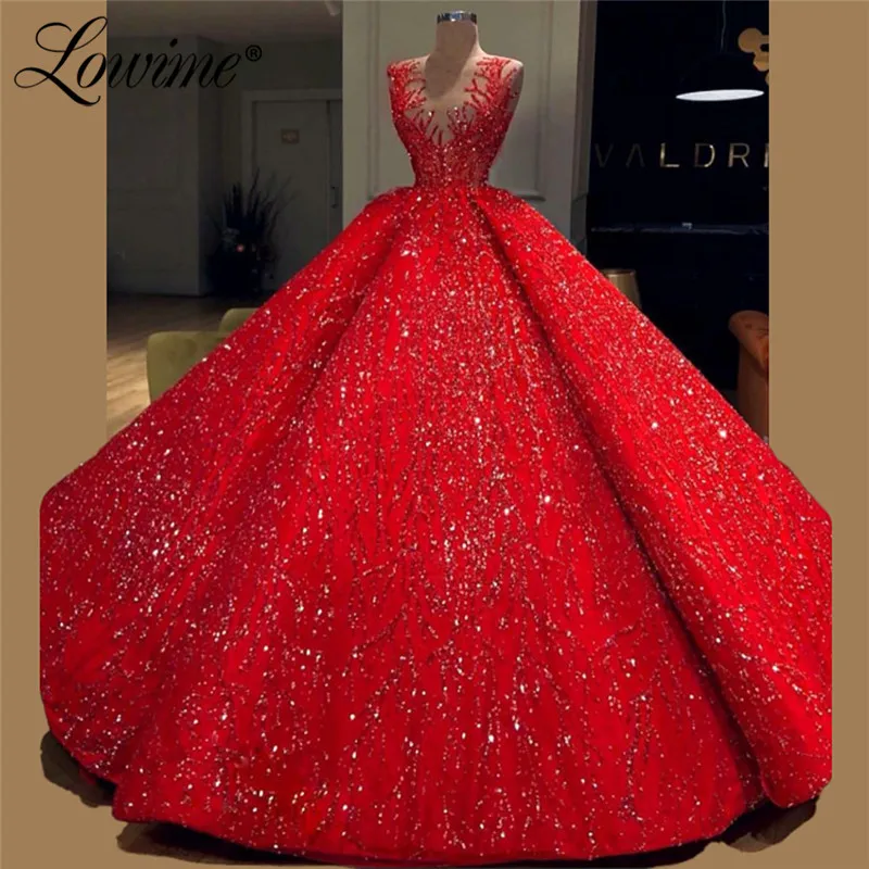 

Glitter Prom Dresses Evening Dress 2019 Red Robe De Soiree Arabic Celebrity Party Gowns Couture Dubai Middle East Women Dresses