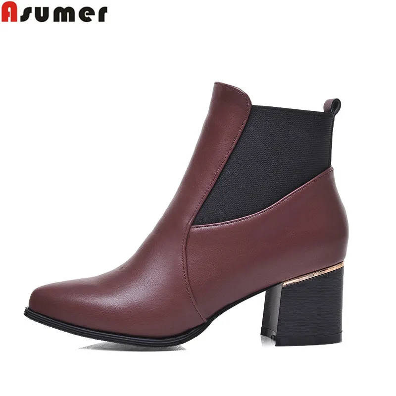 

2016 new arrive autumn pointed toe med heels ankle boots slip on black blue red wine yellow plus size 31-43 women shoes