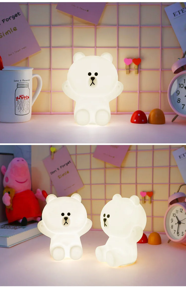 Коричневый медведь теплый белый светодиодный ночник заряжаемый через USB силиконовый прекрасный Настольный светильник детская комната