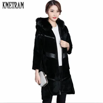 

KMETRAM 2020 Autumn Winter Women Hooded Faux Fur Coat Fashion Warm Slim Black Coat Female Jacket Casaco de pele falso HH291
