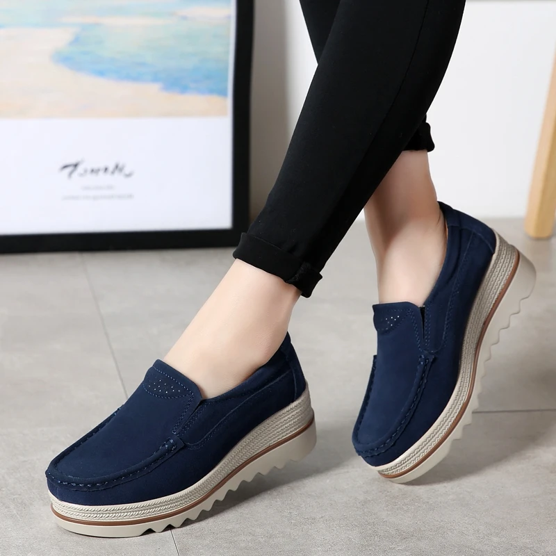 

2019 Spring Women Flats Shoes Platform Sneakers Shoes Woman Leather Suede Casual Shoes Slip On Flats Heels Creepers Moccasins