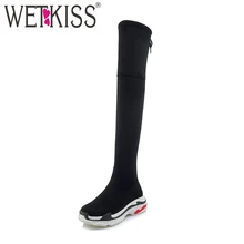 WETKISS/женские растягивающиеся сапоги из флока; обувь с круглым носком и перекрестной шнуровкой; женские сапоги на платформе; эластичная обувь выше колена; женская зимняя обувь