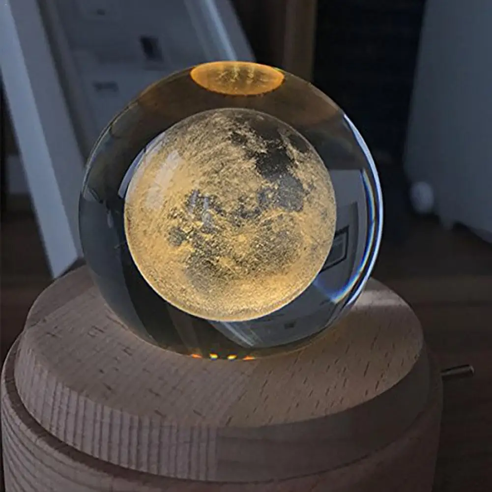 Caja de música luminosa de madera de bola de cristal de Luna caja de música giratoria innovador Regalo de Cumpleaños manivela de mano mecanismo de caja de música de regalo