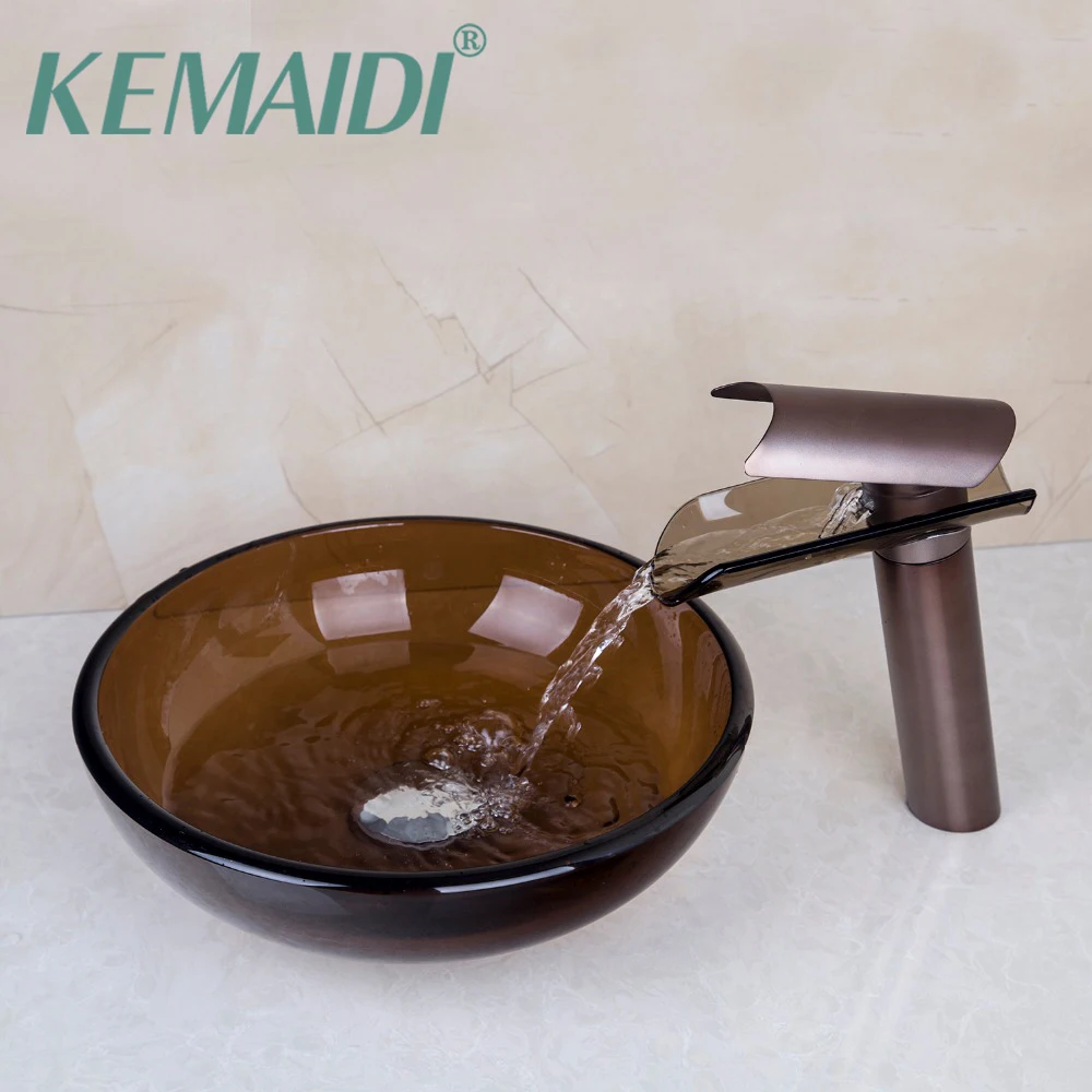 KEMAIDI Hand Paint Bowl Sinks / Vessel Basins Tempered Glass Sink With
