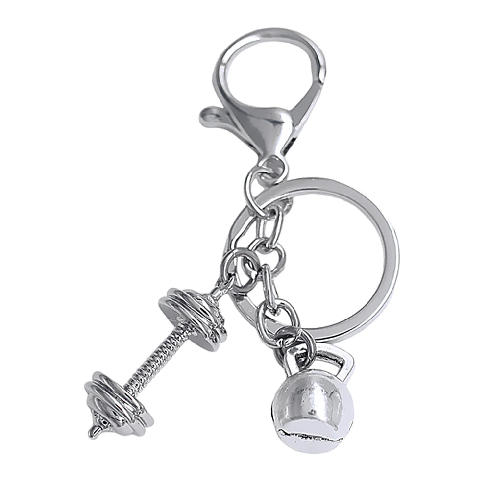 Beautiful barbell and kettlebell combination fitness metal key chain