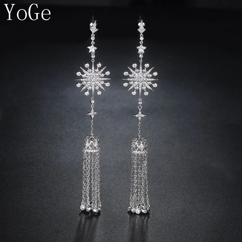 

YoGe statement Jewellery, E7166 Great design AAA CZ stars shaped long tassels drop earrings ,gorgeous women's accessaries