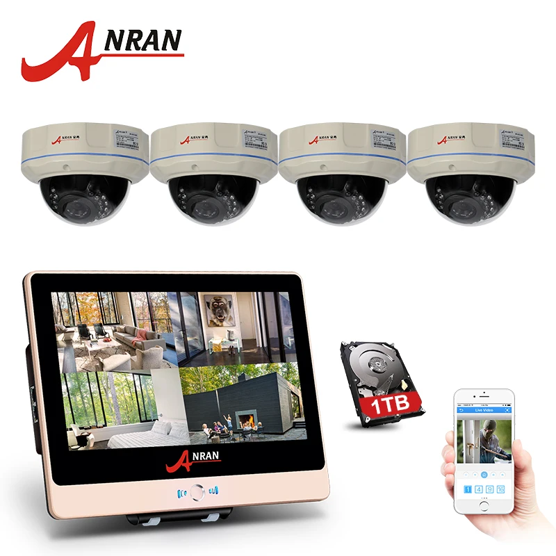 

ANRAN Plug Play P2P 1080P HDMI 4CH NVR 12 Inch LCD 30 IR Outdoor Dome Security IP Camera Home CCTV POE System With Hard Drive
