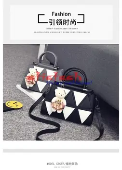 

by dhl or ems 20pcs PU Leather Women Handbags Brand Office Lady Fur Ball Tote Bags Triangle Patchwork Shoulder Bags