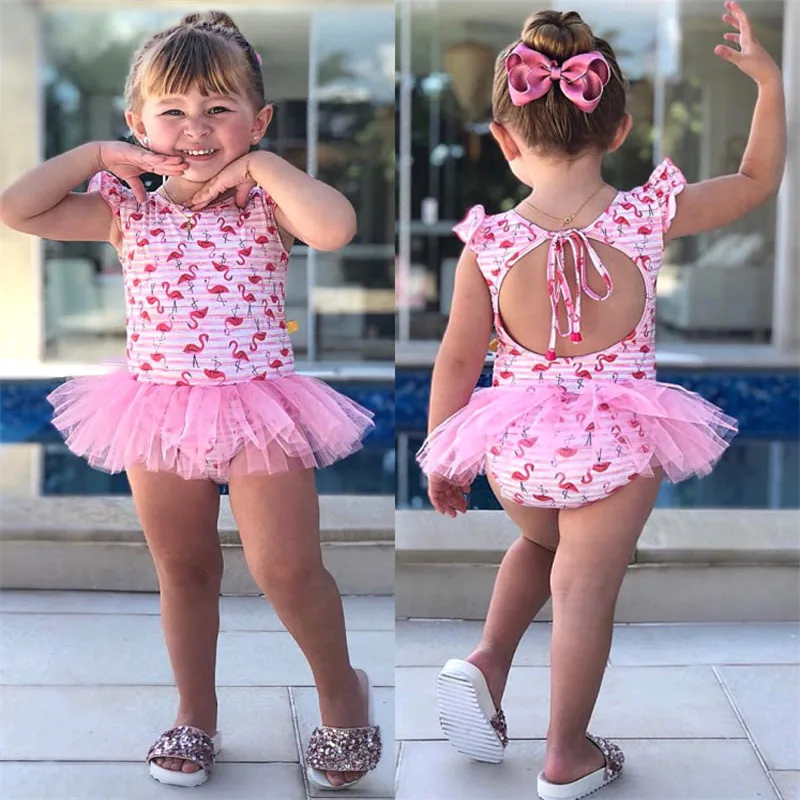 Бикини для маленькой девочки с рисунком Фламинго ванный комплект купальный костюм; одежда для маленьких девочек; Одежда для девочек в стиле бикини Детские бикини купальник пляжная одежда для купания