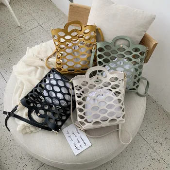 

Fashion Hollow Handbag For Women 2019 Summer New Fishnet Shape Composite Bag Korean Wild Crossbody Bag Beach Travel Bucket Bag