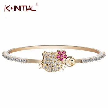 Kinitial 1Pcs Animal Kitty Cat Bracelets & Bangles Pave Cz Ball Beads Bracelet Gold Plated Flower Cuff Bangles For Girl Gift