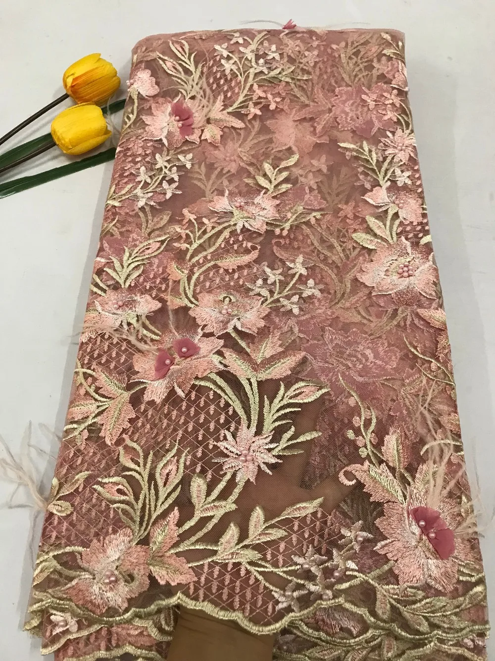 New arrive Pretty Multi color 3D flowers net embroidery French Lace Fabrics Mesh tulle wedding