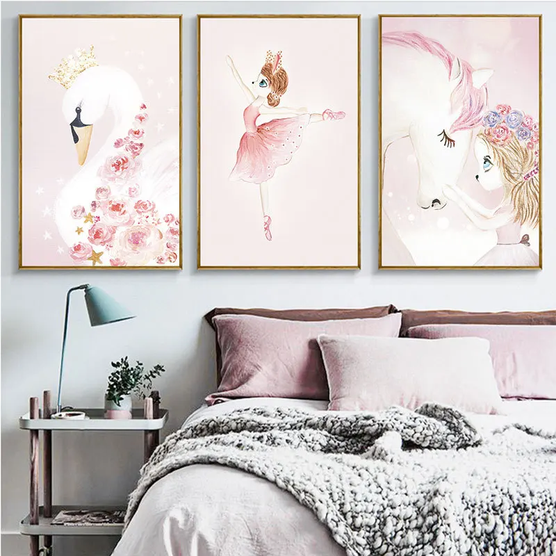 

Nordic Modern Cartoon Moon Rabbit Girls Carousel Canvas Painting Spray Color Swan Art Poster Kids Baby Nursery Room Wall Picture