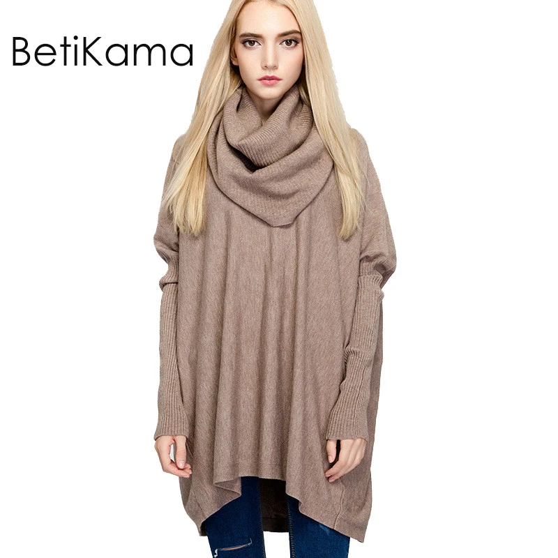 

BetiKama 2018 Winter Vintage Sweater Women Solid Turtleneck Long Sleeve Knitted Pullover Super Loose poncho Oversized Sweater