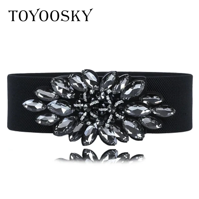 

Luxury Women Wide Belt Elastic Crystal Rhinestone Flower belt Solid Belt Female Woman Belts for Dress Women Cummerbund TOYOOSKY
