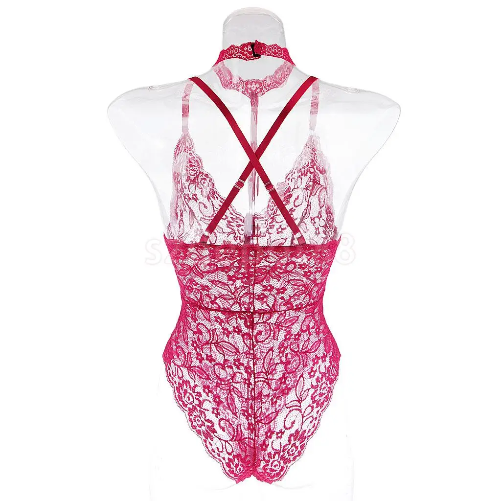 Sexy Women Lace Bodysuit One Piece Choker Teddy Lingerie Babydoll Lace Tops Red/Black