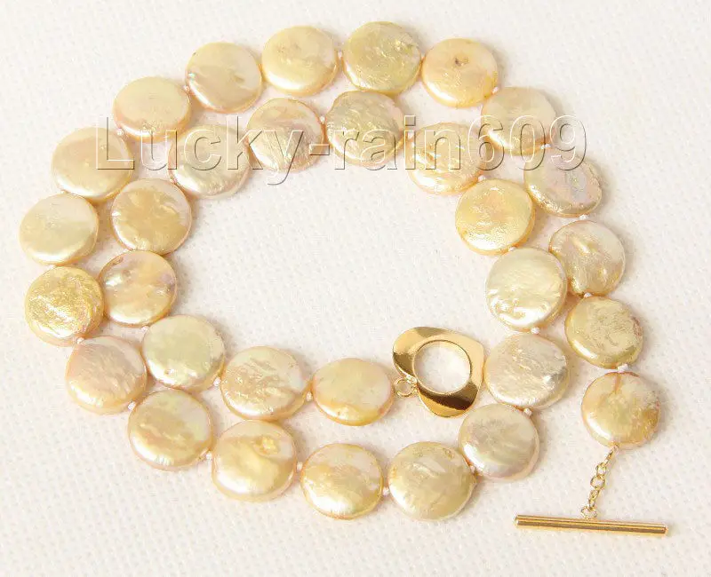 

FREE shipping>>>>17" 12mm coin fastener champagne pearls necklace filled gold clasp e2258