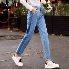 Amii минималистичные Лоскутные прямые джинсы для женщин Весна повседневные джинсовые потертые хлопковые Мягкие штаны длиной до щиколотки