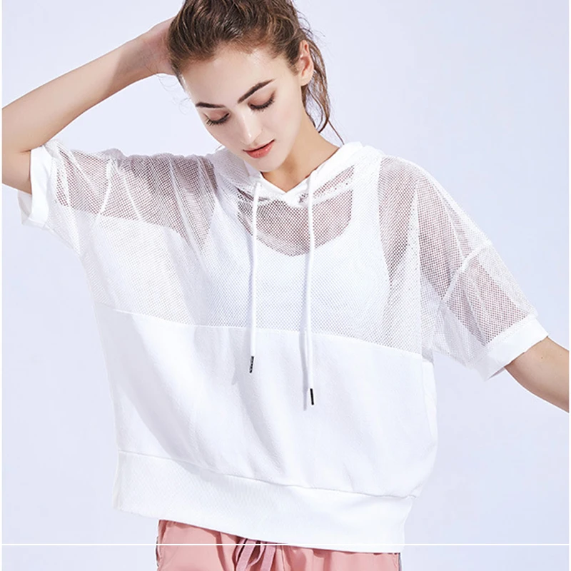 

Women Running Wear Yoga Shirts Hollow Out Breathable Sweatshirts Quick Drying Half Sleeve T-shirt Loose White Gym Suits Tops