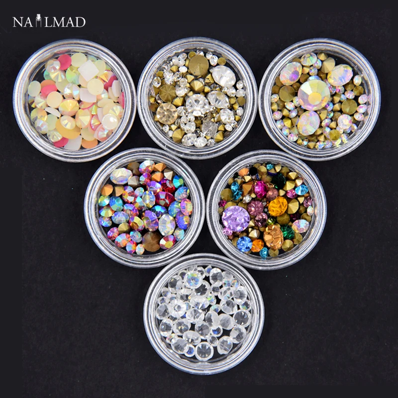 

6jars/set Nail Crystal AB Rhinestones Set Multi-size Sharp Bottom Mixed Glass&Resin Clear Rhinestones Nail Art 3D Decoration