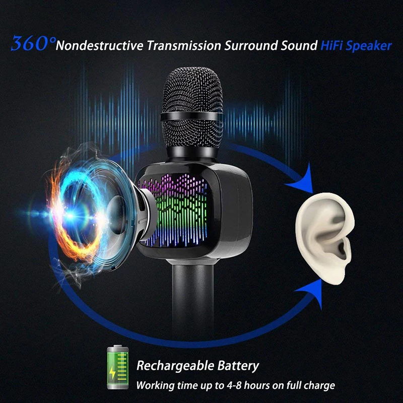 Беспроводной Bluetooth караоке микрофон со светодио дный подсветкой двойной Sing