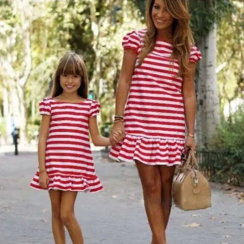 

New Fashion Casual Family Mother Daughter Dress Short Sleeve O-Neck Cotton Summer Striped Dresses