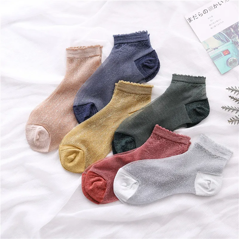 

SP&CITY 2Pairs Summer Transparent Shiny Short Socks Women Thin Hollow Out Invisible Ankle Socks Lace Colored Low Socks Female