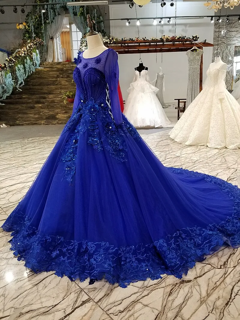 LS3111 blue lace 3d flowers evening dress long sleeve o-neck see-through back a-line dress for mothers of brides quick shipping