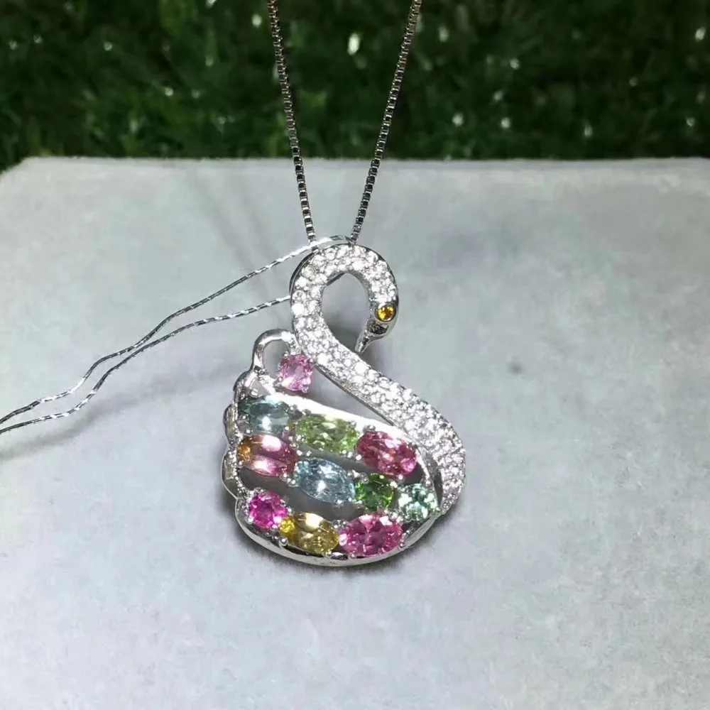 

natural Multicolor tourmaline gem Pendant natural gemstone Elegant swan pendant necklace S925 silver Women gift party jewelery