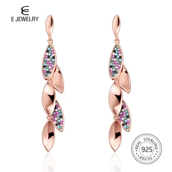 

E Jewelry Rose Gold Plated Colorful Zircon Leaf Tassel Earrings 925 Sterling Silver Drop Earring for Women Elegant Jewellry Gift
