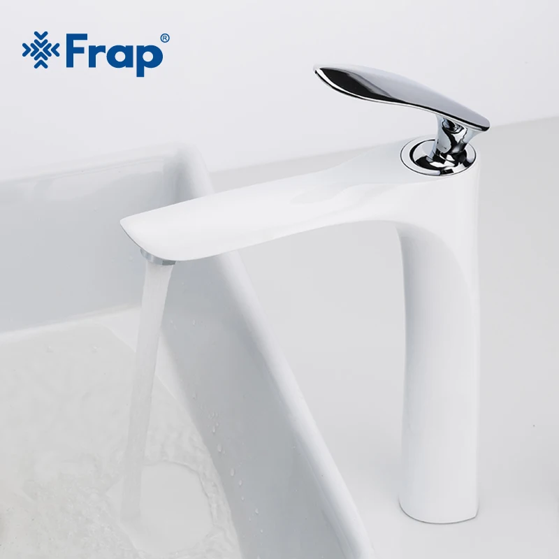 HIGH QUALITY FRAP Tall Brass White And Chrome Finish Bathroom Faucet Single Handle Bathroom Faucets Hot Cold Wat