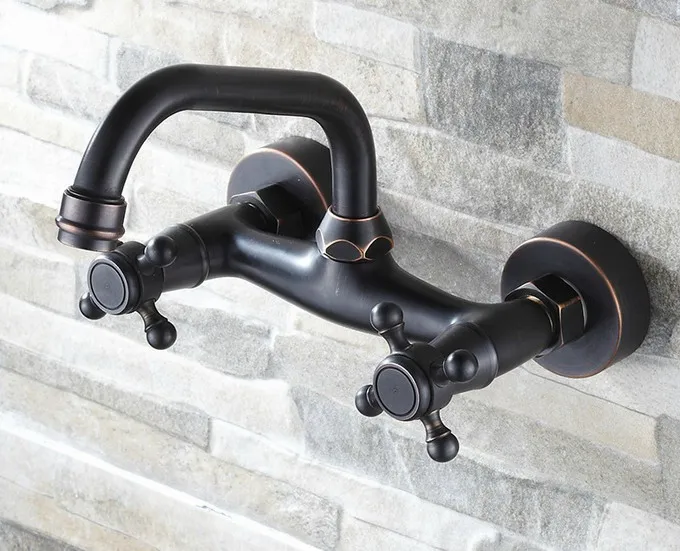 Oil Rubbed Bronze Wall Mounted Dual Cross Handles Swivel Kitchen Bathroom Sink Basin Faucet Mixer Tap anf321