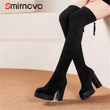 Smirnova/ горячая распродажа; теплые зимние сапоги до бедра на квадратном каблуке; женские сапоги из флока на платформе; классические черные сапоги выше колена