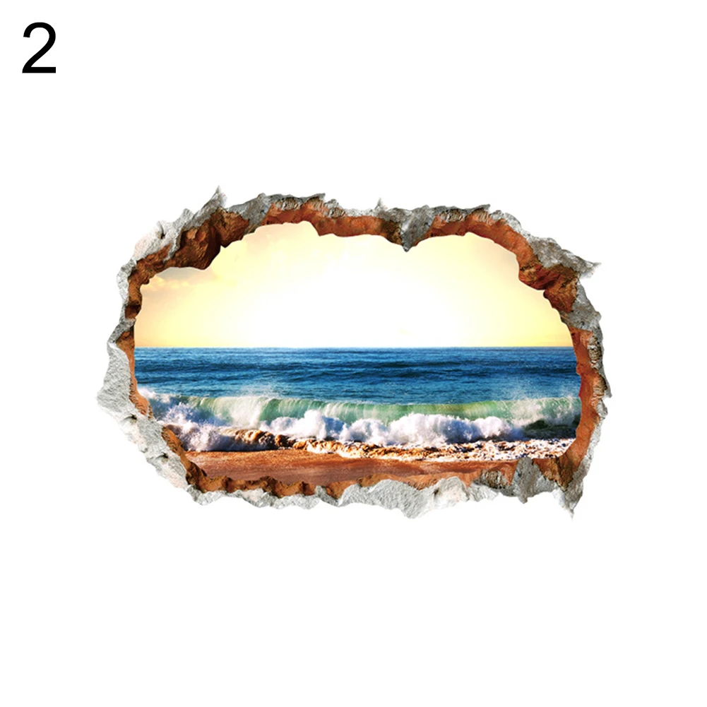 3D эффект пробить через стену стикер морской океан переводная картинка с пляжем декор гостиной - Цвет: 2