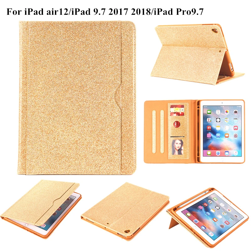 

For iPad 2018 Case 9.7 Pencil Holder Soft Silicone Back Stand Smart Case for iPad Air 12/iPad pro 9.7 With Card slot and stand