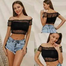 Летняя женская короткая футболка с открытыми плечами, короткий рукав, черный кружевной плиссированный укороченный топ, сексуальные сетчатые прозрачные футболки, топы, вечерние Клубные костюмы