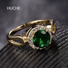 HUCHE Charming Green Crystal Zirconia Rings For Women Female Luxury Gold-Color Ring For Wedding Engagement Party Jewelry HYJR331
