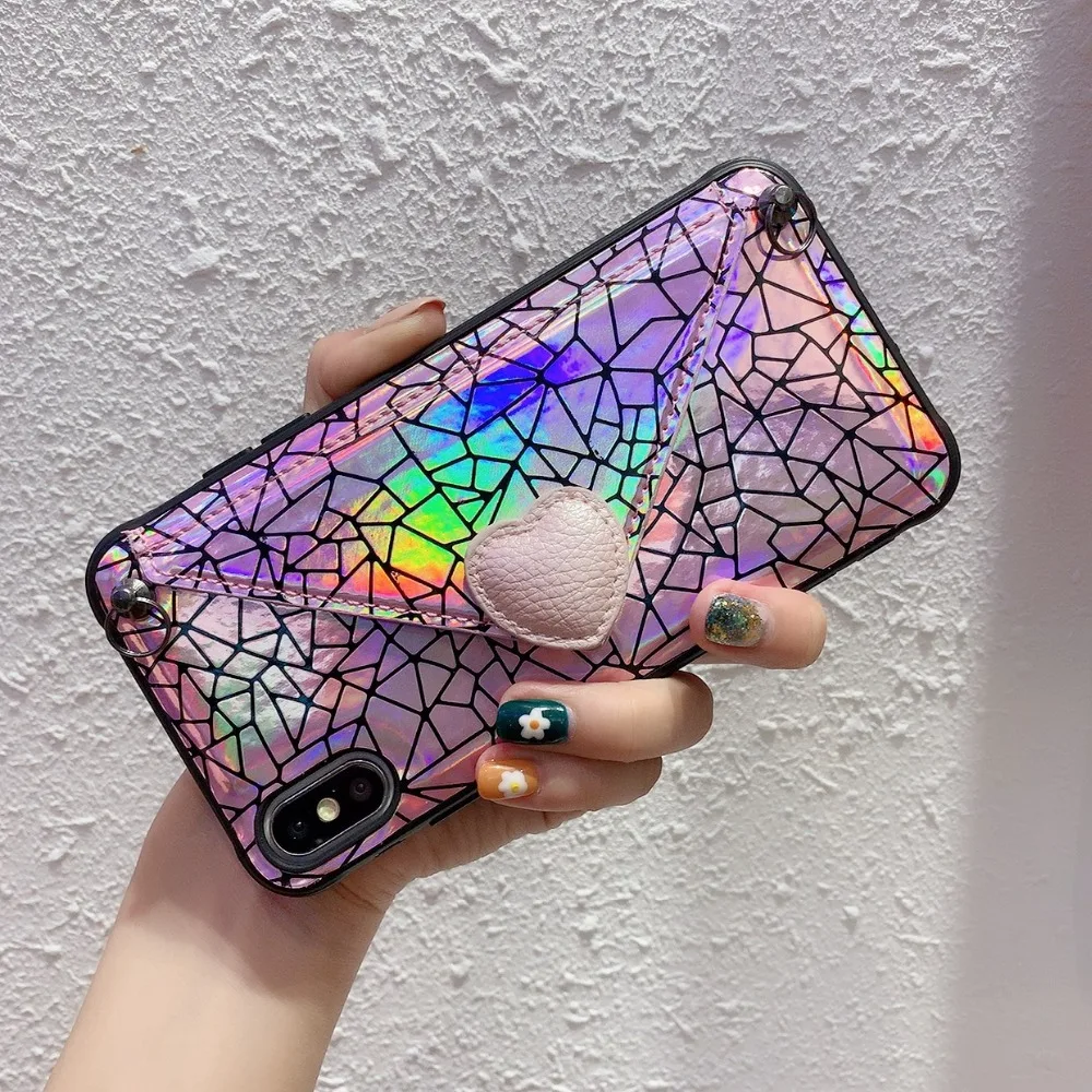 Cases For iPhone X Xr Xs Max Case Korean Laser Love Heart Flip Leather Stand Wallet Neck Strap Case For iPhone 7 8 6S Plus Cover (4)