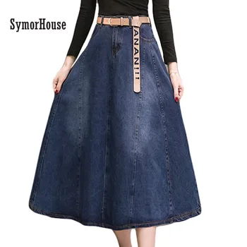 

SymorHouse 2018 Autumn Winter fashion women long denim skirt casual plus size maxi A-line skirts vintage jeans Hem skirt female