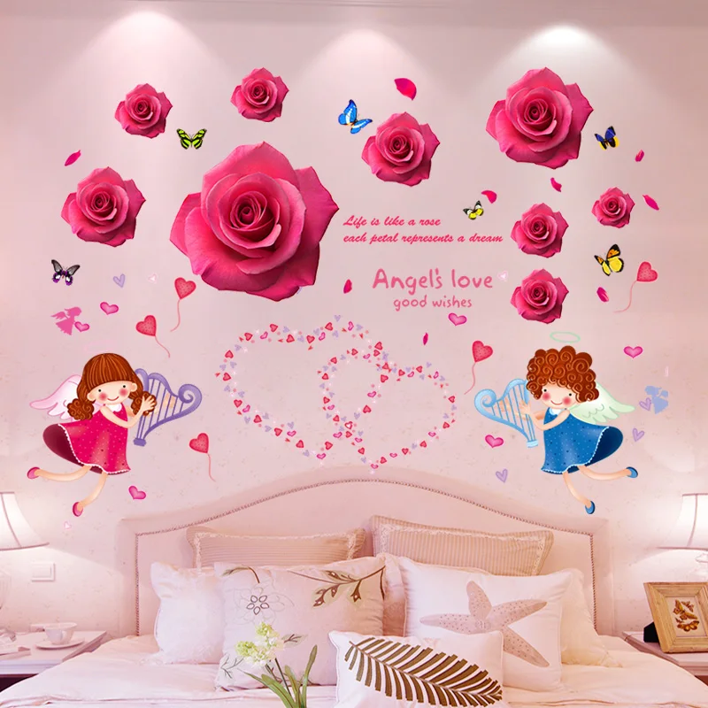 

[SHIJUEHEZI] Cartoon Little Angels Wall Stickers DIY Red Roses Flowers Wall Decals for Living Room Wedding Room Home Decoration