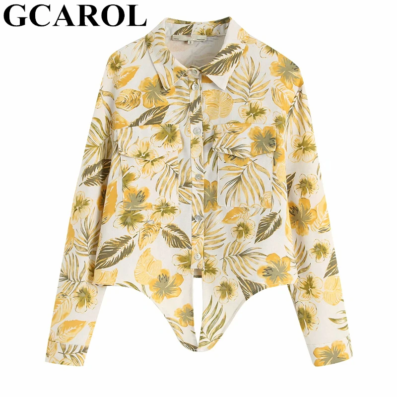 

GCAROL 2019 Summer Spring Floral Yellow Short Blouse 2 Pockets Euro Style Chic Sweet High Street Women Shirt And Tops